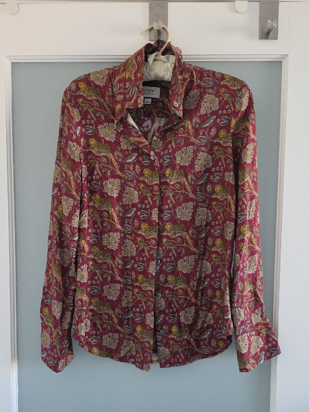 Silk J. Crew Red Multi Floral/Animal Print Button-Up Blouse